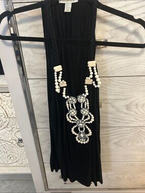 Boston Proper Black One-Shoulder Dress with Ivory Beaded Necklace Detail